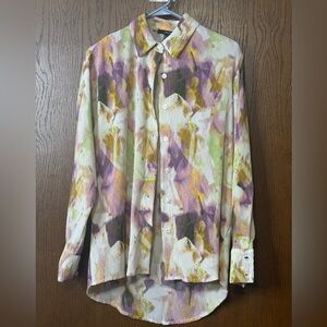 Forever 21 Cream Blouse with Lavender & Mustard Watercolor Print